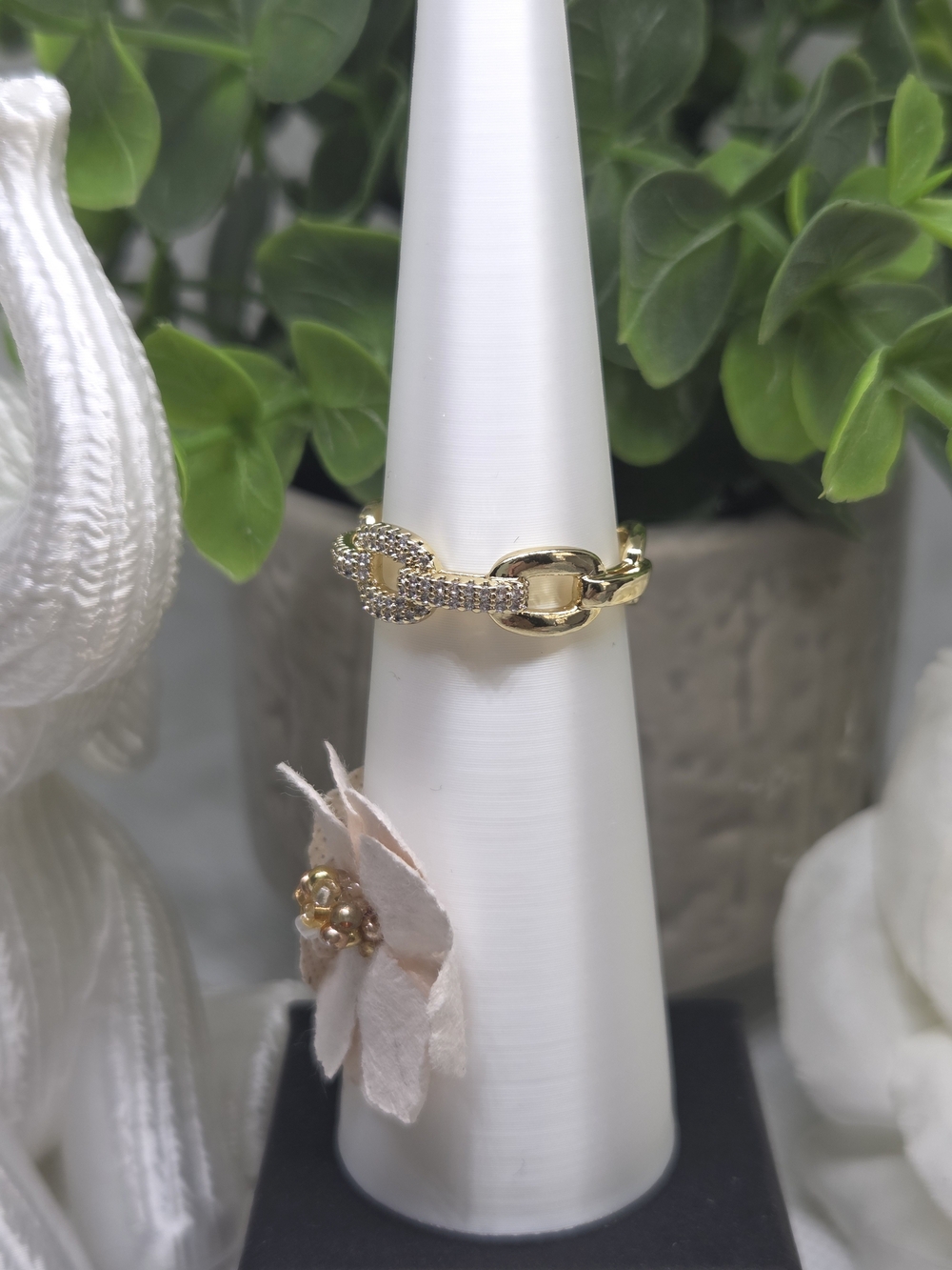 Gold Chain-Link Cubic Zirconia Accent Ring